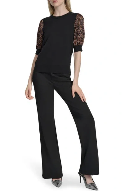 Dkny Women's Mixed-media Printed-sleeve Top In Black