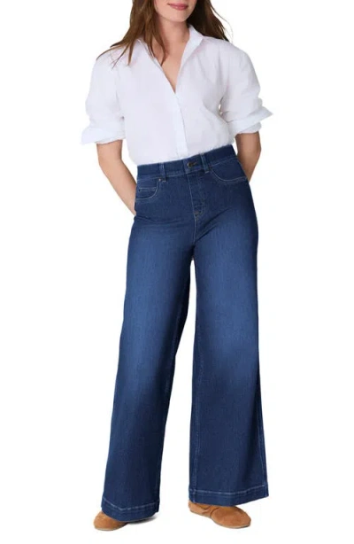 Spanx Pull On Wide Leg Jeans In Pacific Wash In Blue