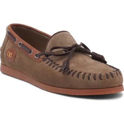 Valentino Garavani Palm Avenue Crust Leather Boat Shoes In Brown