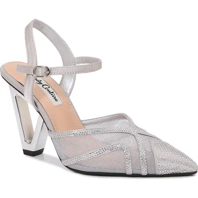 Lady Couture Mesh Satin Rhinestone  Ankle Strap Metallic Heel Pump