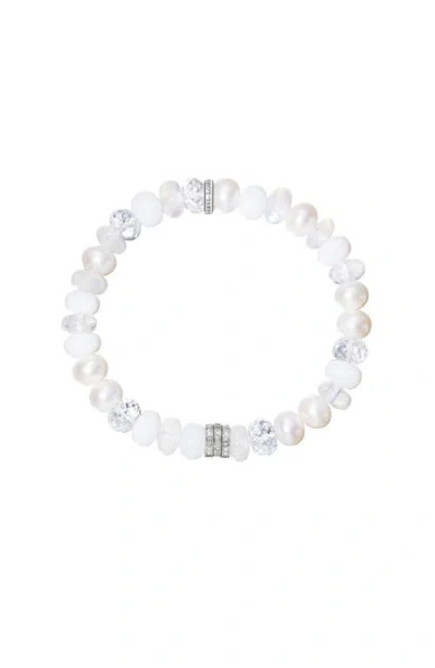 Sheryl Lowe White Mix 8mm Bead Bracelet With 3 Clustered Diamond Rondelles