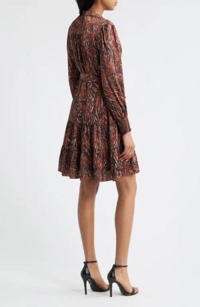 Julia Jordan Tiered Long Sleeve Tie Waist Button Front Satin Dress In Brown
