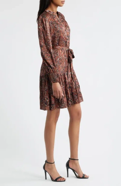 Julia Jordan Tiered Long Sleeve Tie Waist Button Front Satin Dress In Brown