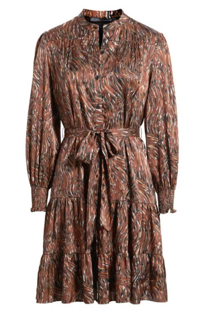 Julia Jordan Tiered Long Sleeve Tie Waist Button Front Satin Dress In Brown