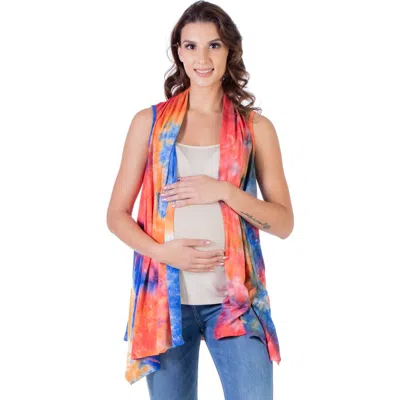 24seven Comfort Apparel Maternity Orange Tie Dye Open Front Shrug Vest In Multi