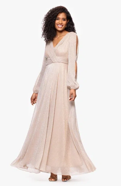 Betsy & Adam Metallic Crinkle Long Sleeve A-line Gown