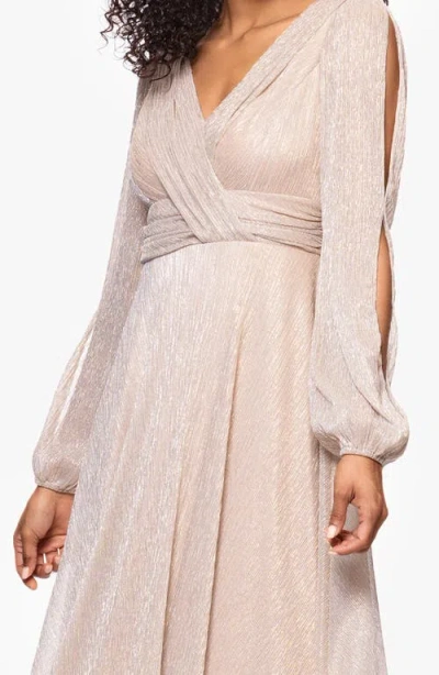 Betsy & Adam Metallic Crinkle Long Sleeve A-line Gown
