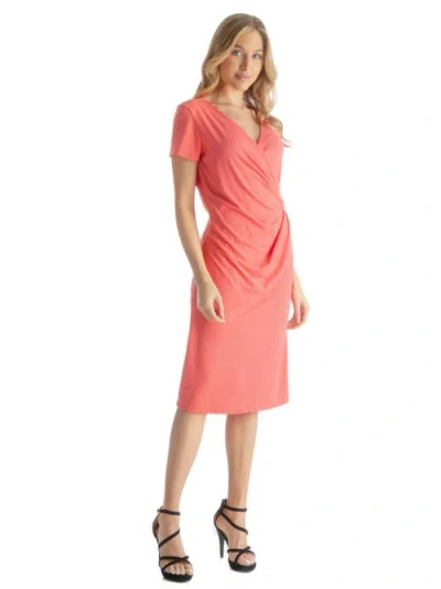 24seven Comfort Apparel Petites Short Sleeve Knee Length Faux Wrap Dress In Pink
