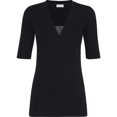 Brunello Cucinelli Women Cotton V-necked Sweater In Black