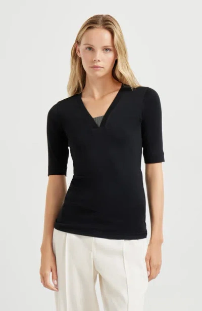 Brunello Cucinelli Women Cotton V-necked Sweater In Black