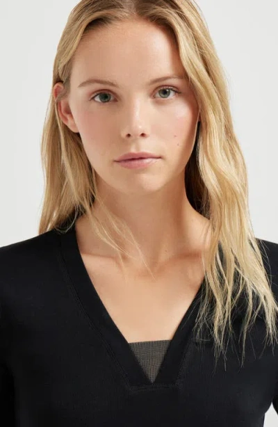 Brunello Cucinelli Women Cotton V-necked Sweater In Black