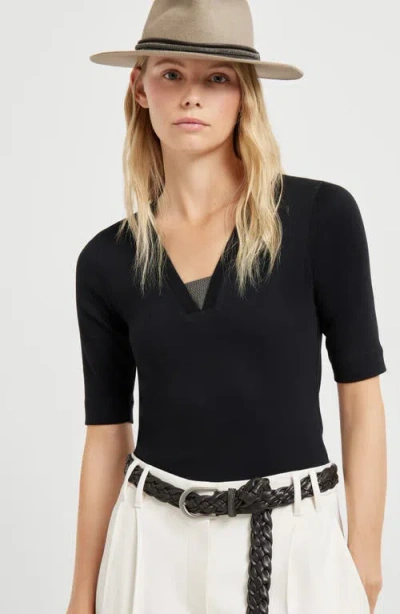 Brunello Cucinelli Women Cotton V-necked Sweater In Black