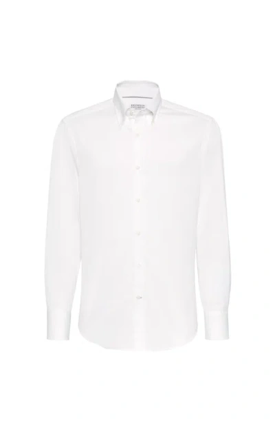 Brunello Cucinelli Men Basic Fit Twill Shirt With Button-down Collar In White