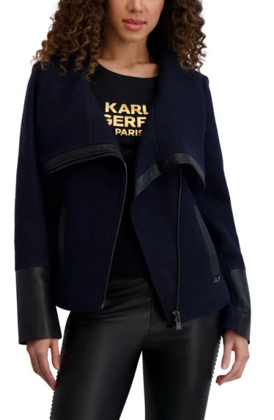 Karl Lagerfeld Wool Blend & Faux Leather Asymmetric Jacket In Blue