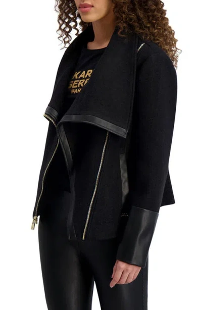 Karl Lagerfeld Wool Blend & Faux Leather Asymmetric Jacket In Black