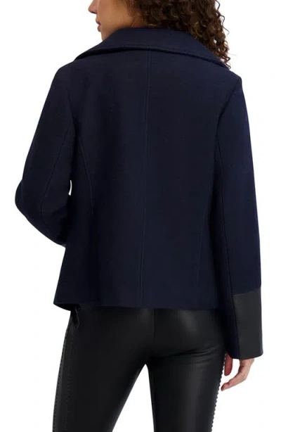 Karl Lagerfeld Wool Blend & Faux Leather Asymmetric Jacket In Blue