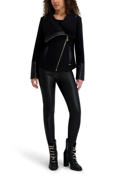 Karl Lagerfeld Wool Blend & Faux Leather Asymmetric Jacket In Black