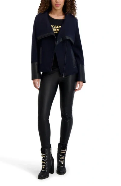 Karl Lagerfeld Wool Blend & Faux Leather Asymmetric Jacket In Black