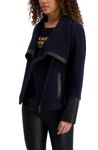 Karl Lagerfeld Wool Blend & Faux Leather Asymmetric Jacket In Blue