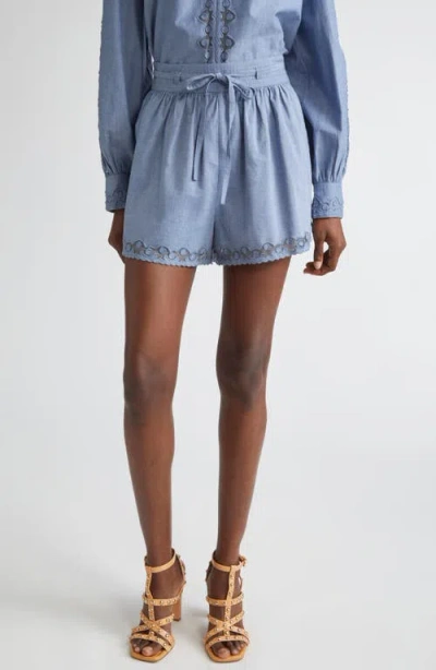 Ulla Johnson Elowen Belted Tulle-trimmed Embroidered Cotton-chambray Shorts In Blue