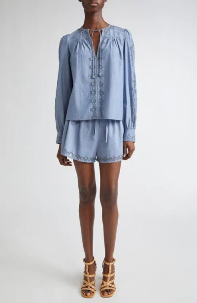 Ulla Johnson Elowen Belted Tulle-trimmed Embroidered Cotton-chambray Shorts In Blue