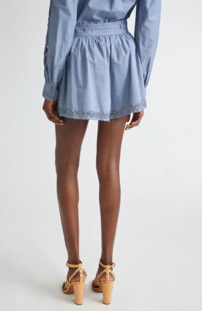 Ulla Johnson Elowen Belted Tulle-trimmed Embroidered Cotton-chambray Shorts In Blue