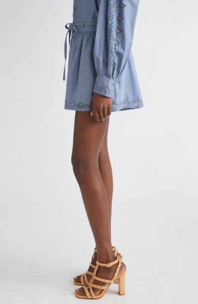 Ulla Johnson Elowen Belted Tulle-trimmed Embroidered Cotton-chambray Shorts In Blue
