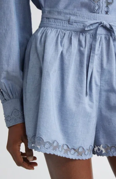 Ulla Johnson Elowen Belted Tulle-trimmed Embroidered Cotton-chambray Shorts In Blue