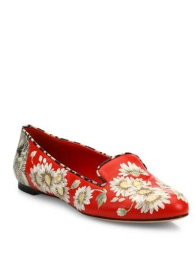 Alexander Mcqueen Floral-embroidered Leather Loafers In Red-multi