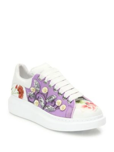 Alexander Mcqueen Floral Sequin Mesh Embroidered Leather Sneakers In White-multi