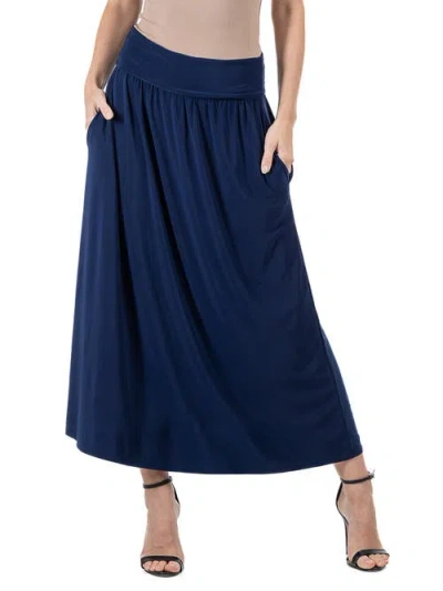 24seven Comfort Apparel Foldover Maxi Skirt With Pockets In Blue
