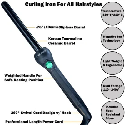 Jose Eber Clipless Curling Iron .75" (19mm) Black, Tourmaline Ceramic Barrel
