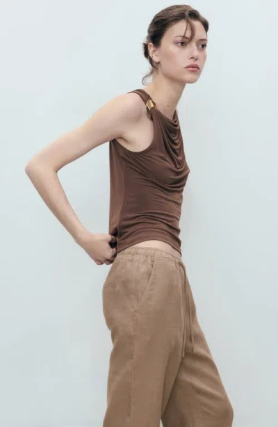 Mango Linen Trousers With Drawstring Medium Brown In Black