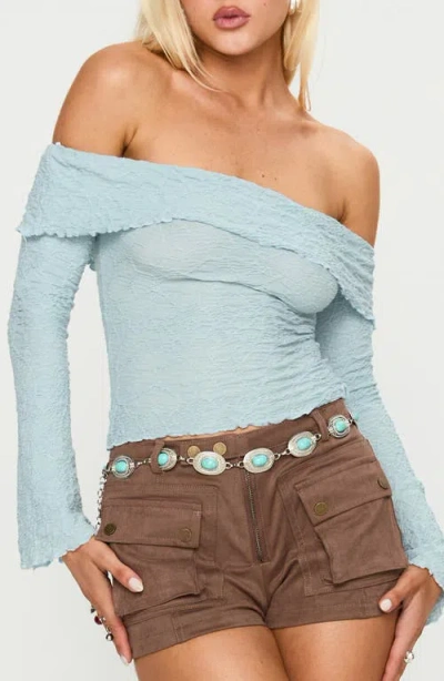 Princess Polly Back With Love Textured Off The Shoulder Long Sleeve Top In Blue
