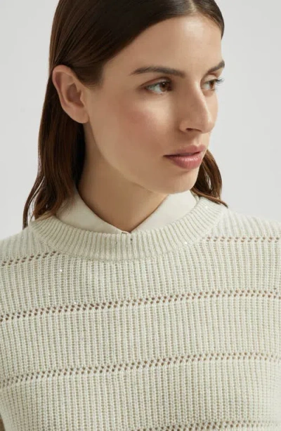 Brunello Cucinelli Dazzling Sweater With Openwork Stripes In Neutral