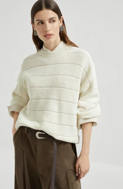 Brunello Cucinelli Dazzling Sweater With Openwork Stripes In Neutral