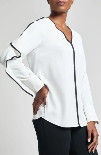 Ming Wang Contrast Trim Crêpe De Chine Top In White