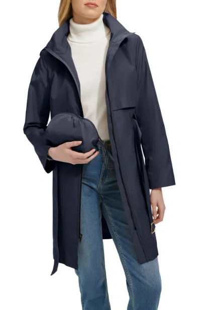 Cole Haan Belted Travel Packable Hooded Rain Jacket In Brown