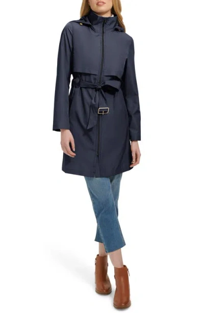 Cole Haan Belted Travel Packable Hooded Rain Jacket In Brown