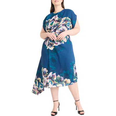Maggy London Floral Short Sleeve Asymmetric Hem Midi Dress