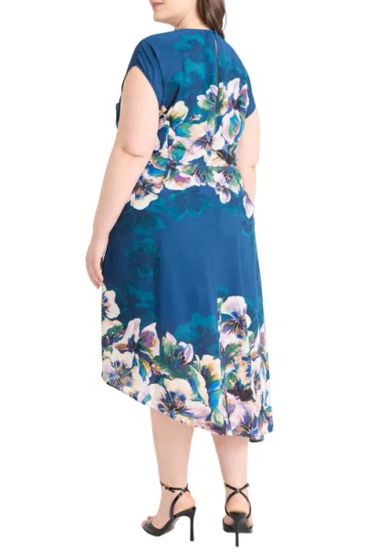 Maggy London Floral Short Sleeve Asymmetric Hem Midi Dress