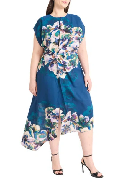 Maggy London Floral Short Sleeve Asymmetric Hem Midi Dress