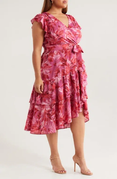 Chelsea28 Flutter Sleeve Faux Wrap Midi Dress In Pink