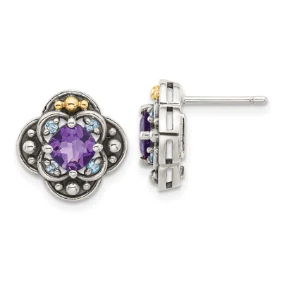 Diamond2deal Sterling Silver With 14k Gold Accent Amethyst & Swiss Blue Topaz Stud Earrings