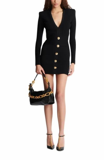 Balmain Short Ribbed Knit Bodycon Dress In Black