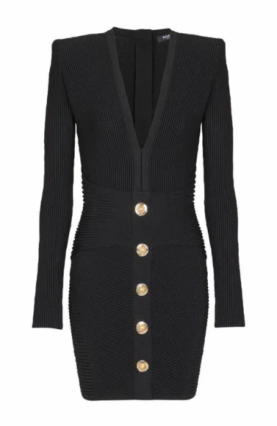 Balmain Short Ribbed Knit Bodycon Dress In Black