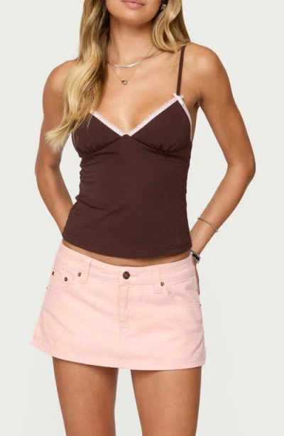 Edikted Ruelle Contrast Picot Trim Stretch Cotton Camisole In Brown