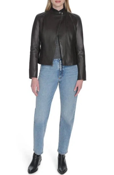 Cole Haan Leather Stand Collar Racer Jacket In Black