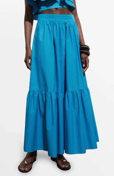 Mango Long Cotton A-line Skirt Blue In Blue