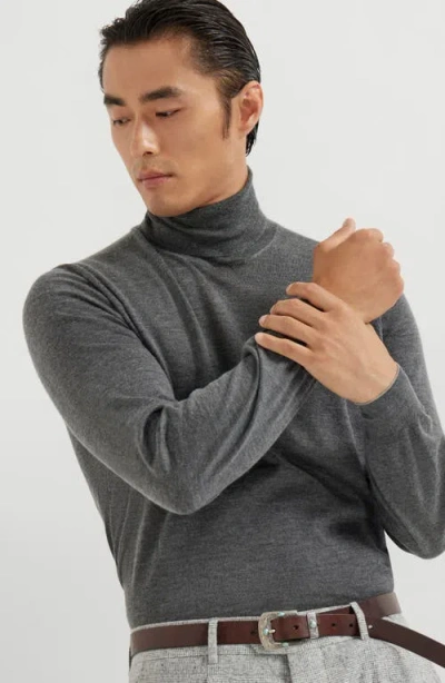Brunello Cucinelli Wool Turtleneck Sweater With Ribbed Cuffs And Hem In Gray